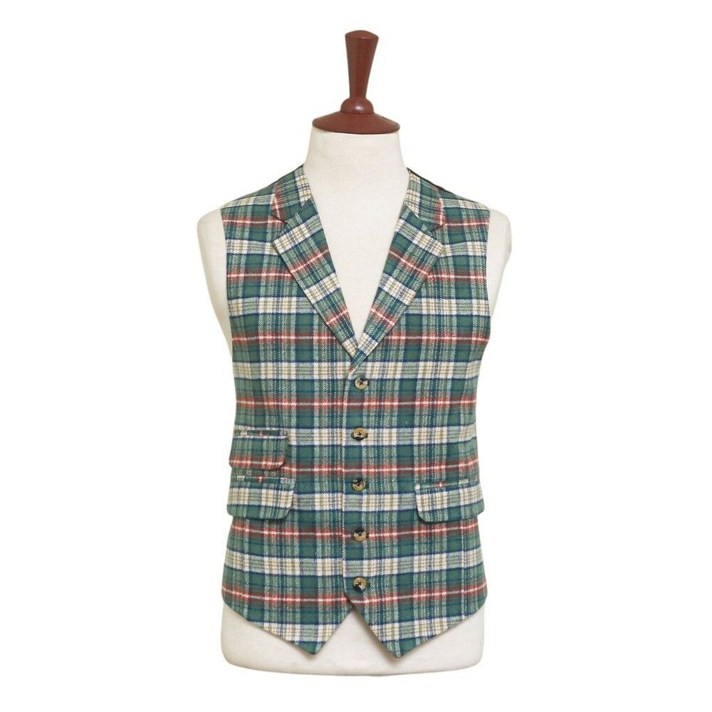 Mens Plaid Vest 44R Green Beige Orange Wool Waistcoat XL Formal Wedding Party